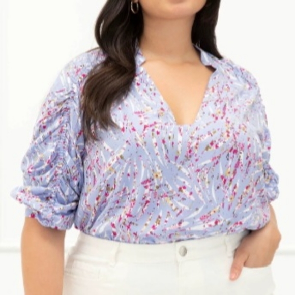 Eloquii Tops - ELOQUII Elements Plus Size Zebra Print Ruched Sleeve Top Flower Detail